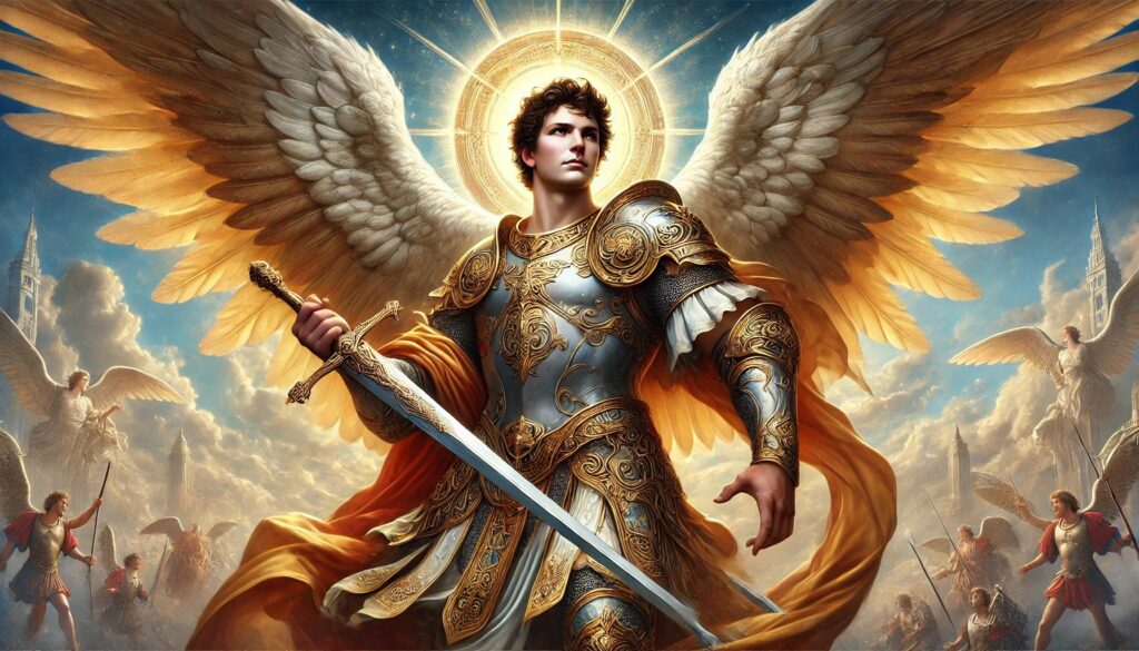 san miguel arcángel , blandiendo una espada en el cielo