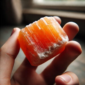 Primer plano de una piedra de calcita naranja sostenida entre los dedos de una persona, mostrando su textura rugosa y vibrante color naranja con vetas blancas. La imagen resalta la belleza natural de la calcita naranja con un fondo desenfocado en tonos neutros