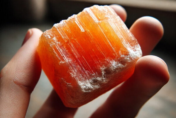 Primer plano de una piedra de calcita naranja sostenida entre los dedos de una persona, mostrando su textura rugosa y vibrante color naranja con vetas blancas. La imagen resalta la belleza natural de la calcita naranja con un fondo desenfocado en tonos neutros