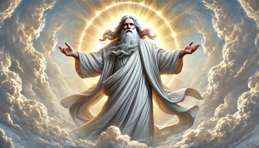 Representación de Dios en el cielo con los brazos abiertos, irradiando luz y majestuosidad. Esta imagen simboliza la presencia divina y el amor paternal, evocando la reverencia y el consuelo que encontramos en la oración del Padre Nuestro.